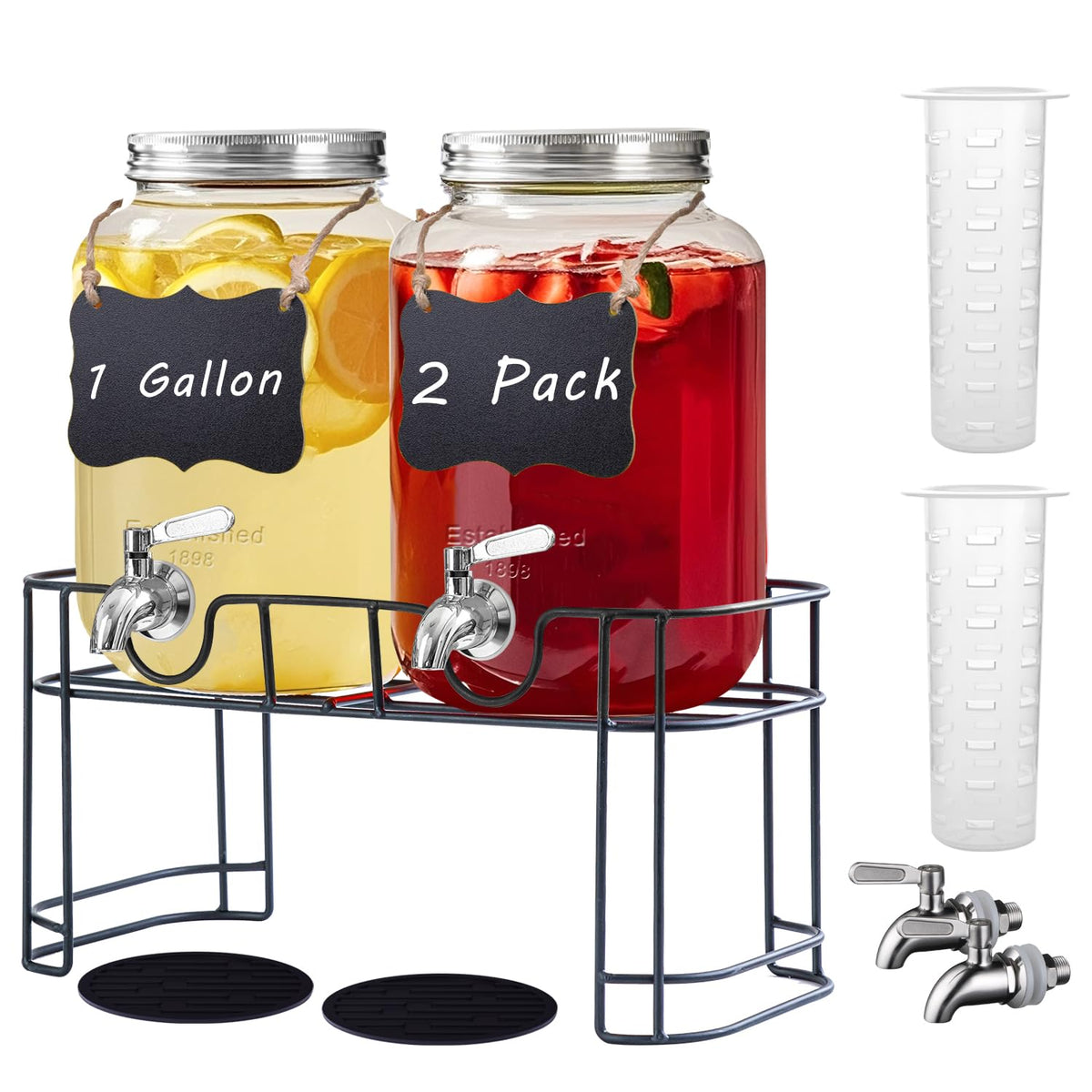 Einfache 1 gallon glass drink dispenser with stand for party beverages.