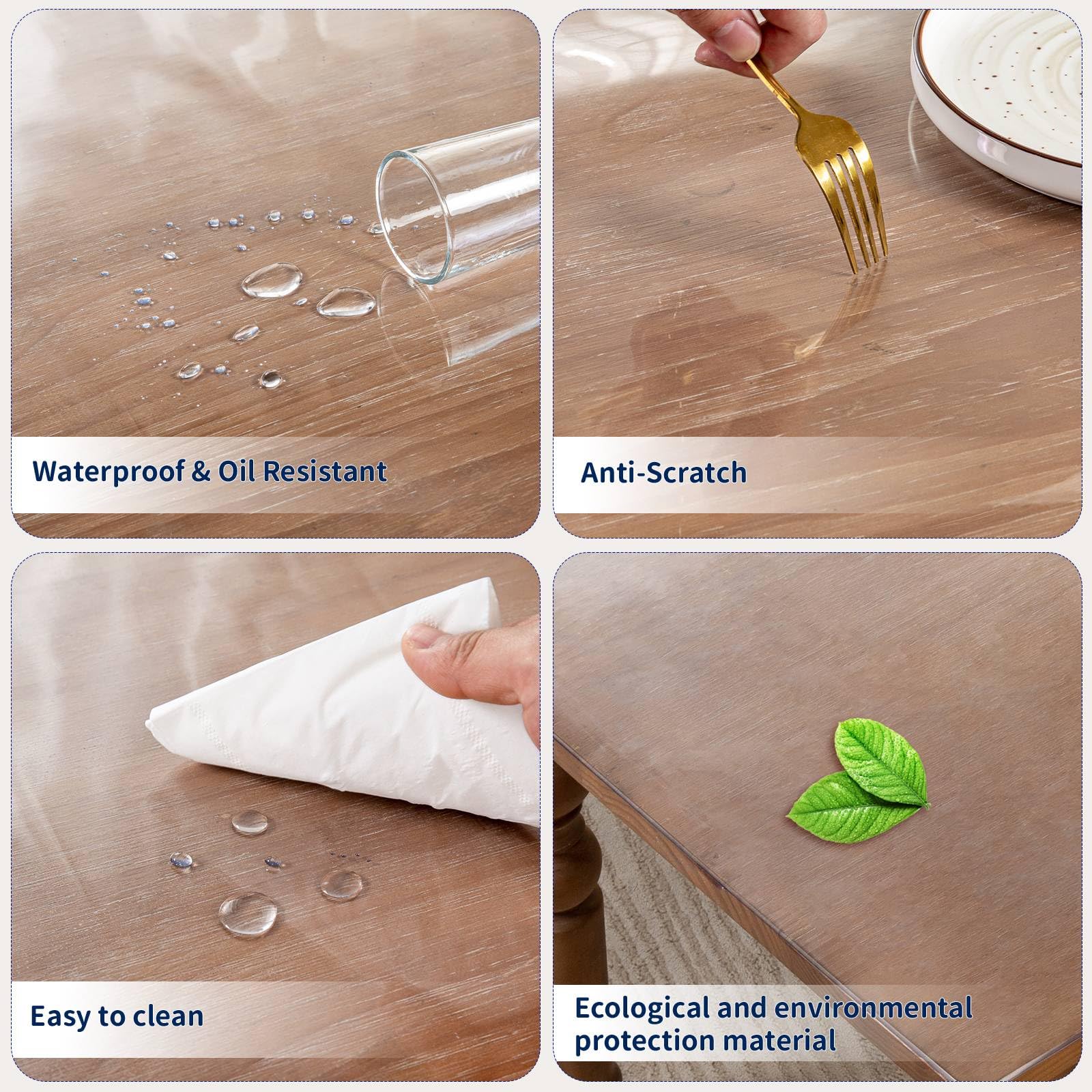 Eisdroma dining table protector works on wood, glass, or granite surfaces.