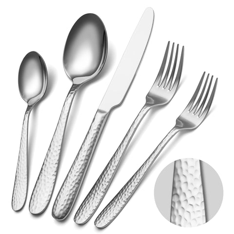 EIUBUIE hammered silverware set for eight with mirror finish for elegant family meals.