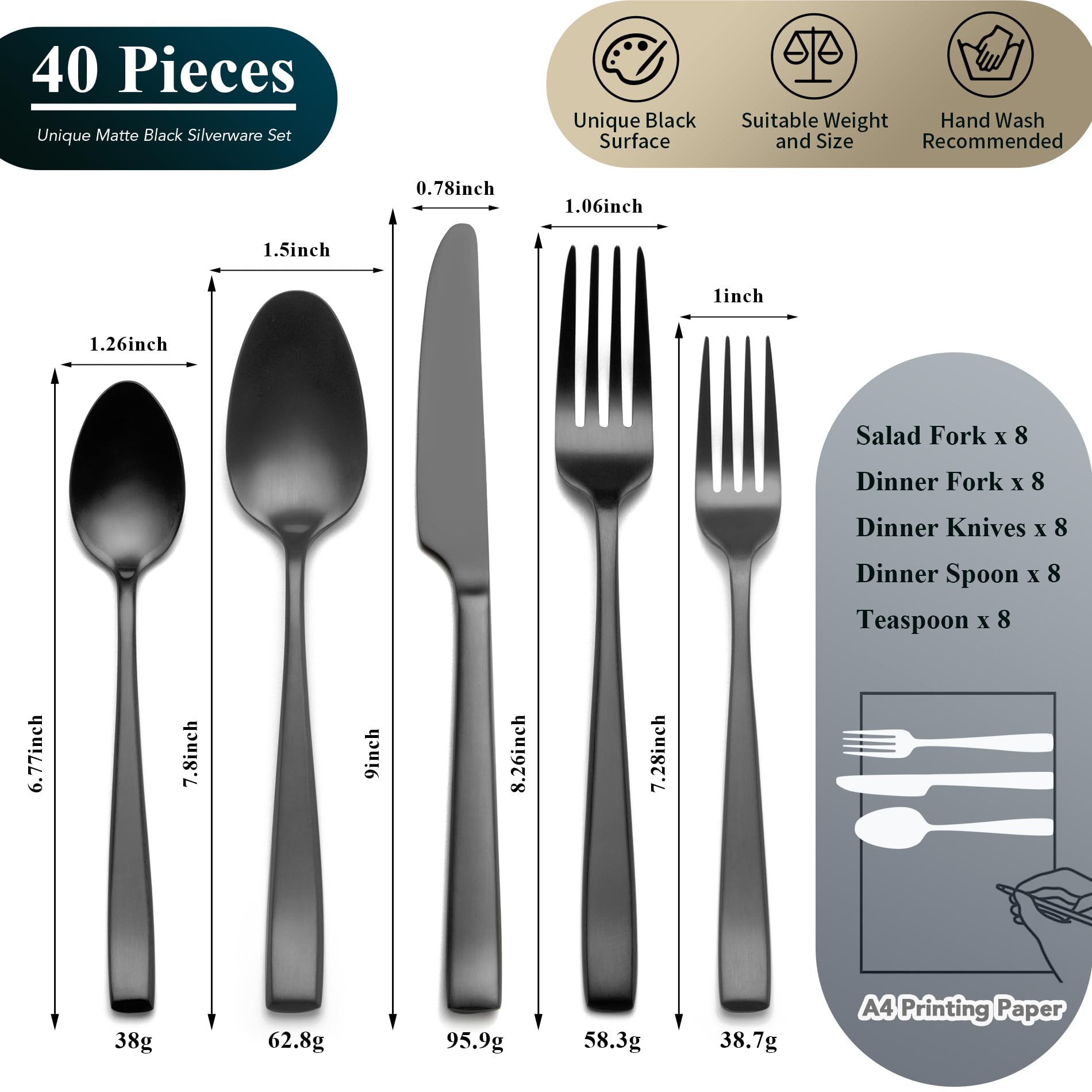 EIUBUIE matte black dessert spoons for elegant desserts and tea.