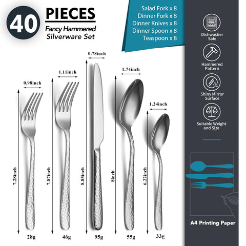 EIUBUIE hammered-silverware with teardrop handles offering a comfortable grip during meals.
