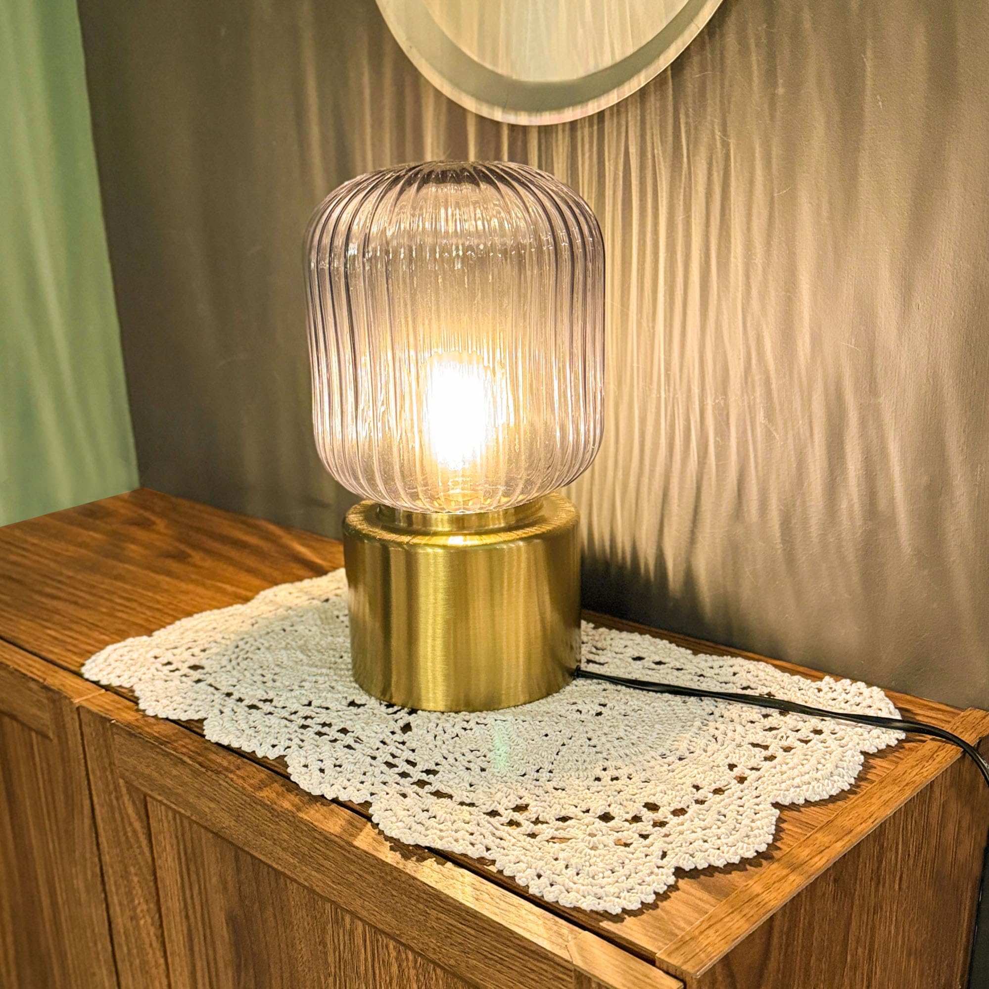 Eiyye lace placemats beige displayed with vase, accenting centerpiece styling.
