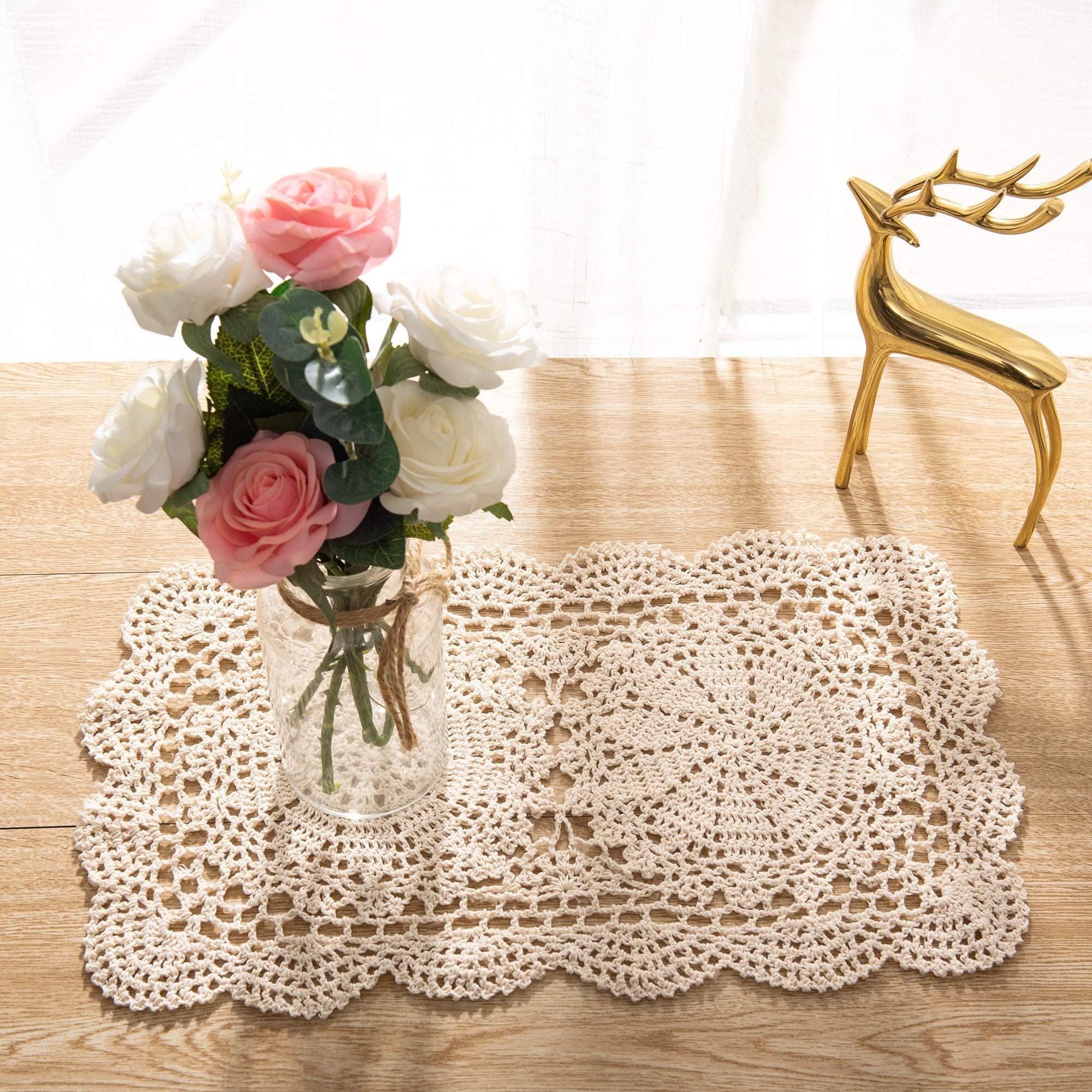 Eiyye rectangle doilies beige close-up showing handmade crochet texture for refined table decor.