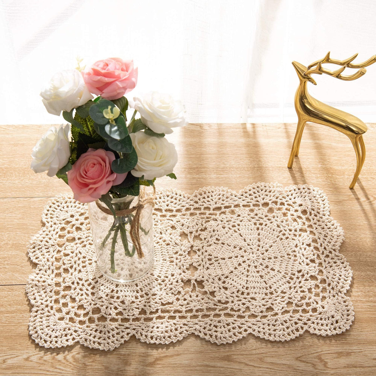 Eiyye rectangle doilies beige close-up showing handmade crochet texture for refined table decor.