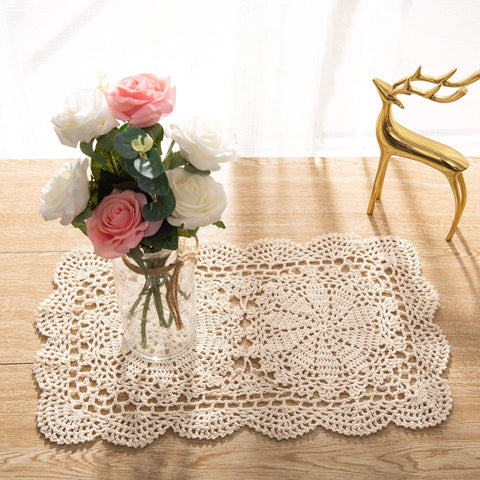 Eiyye rectangle doilies beige close-up showing handmade crochet texture for refined table decor.