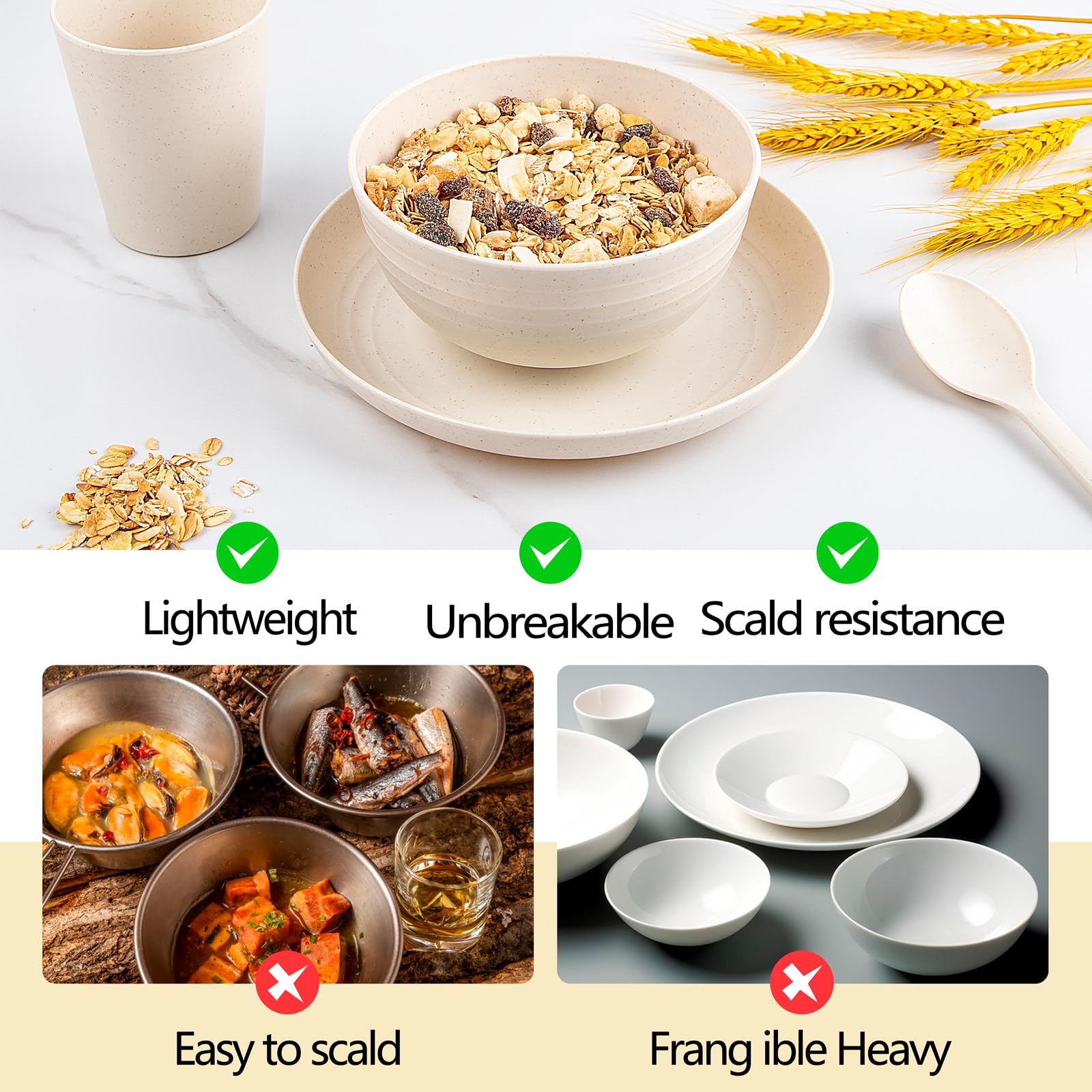 ejonirinjonir EI 42pcs Wheat Straw Dinnerware Set bowls are lightweight and stackable for easy camping meals.