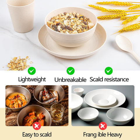 ejonirinjonir EI 42pcs Wheat Straw Dinnerware Set bowls are lightweight and stackable for easy camping meals.