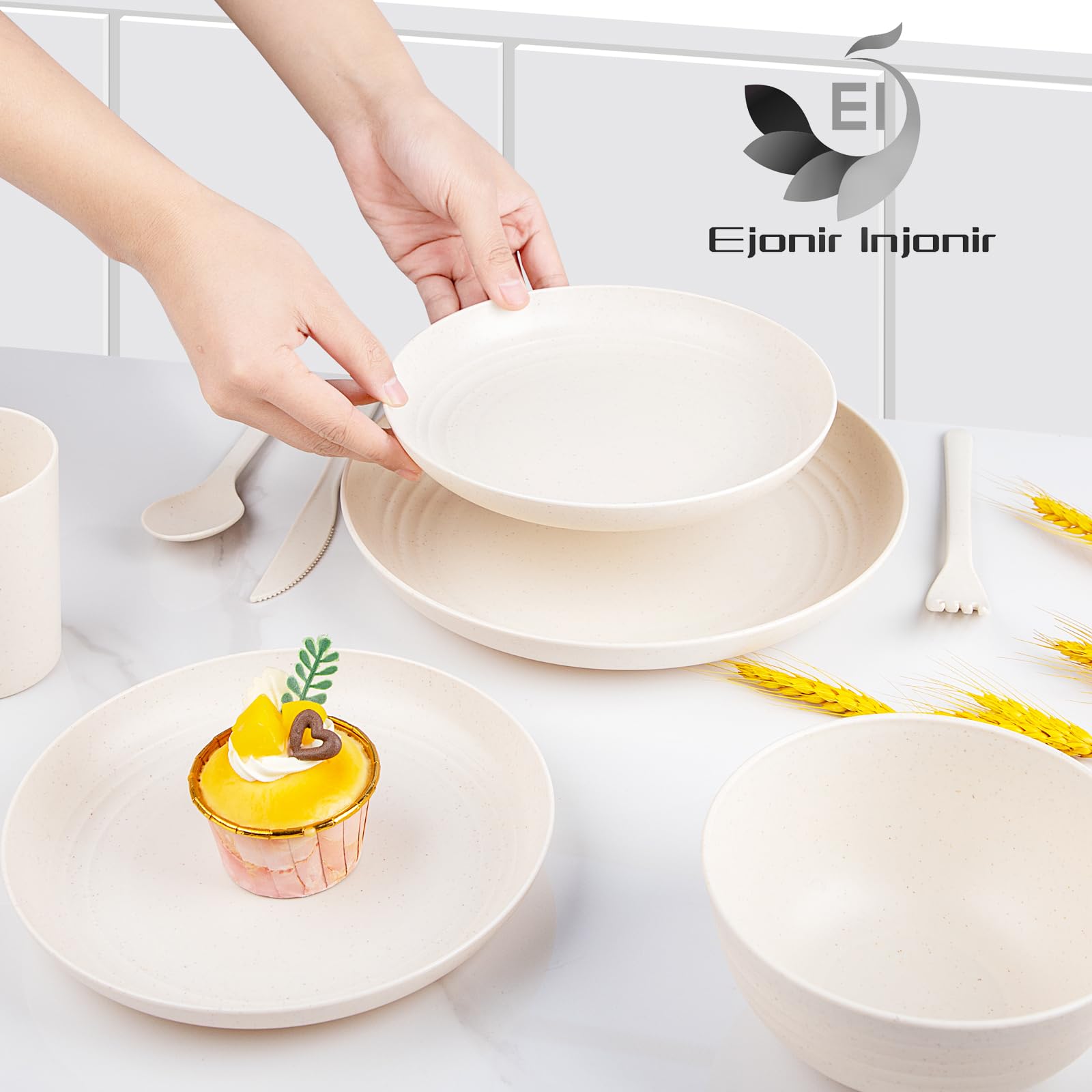 ejonirinjonir EI 42pcs Wheat Straw Dinnerware Set cups offer spill-free sipping on picnics.