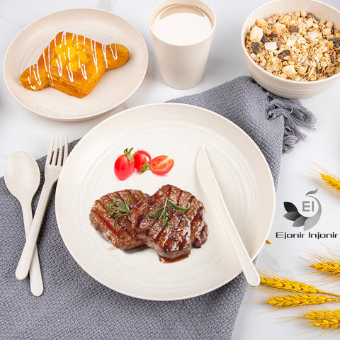 ejonirinjonir EI 42pcs Wheat Straw Dinnerware Set dessert plates offer convenient, light-dish dining for gatherings.