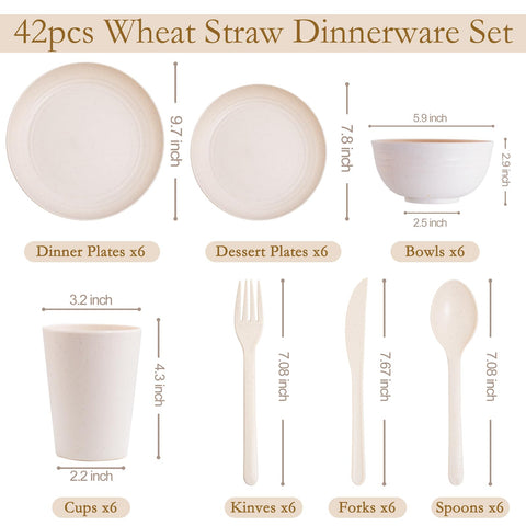 ejonirinjonir EI 42pcs Wheat Straw Dinnerware Set dishwasher-safe and microwave-safe for quick meals.