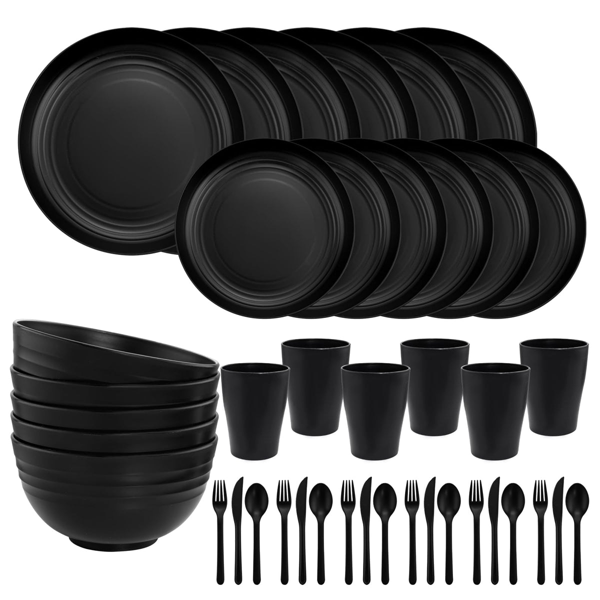 Ejonirinjonir EI 42pcs wheat straw dinnerware set in black, durable for outdoor meals.