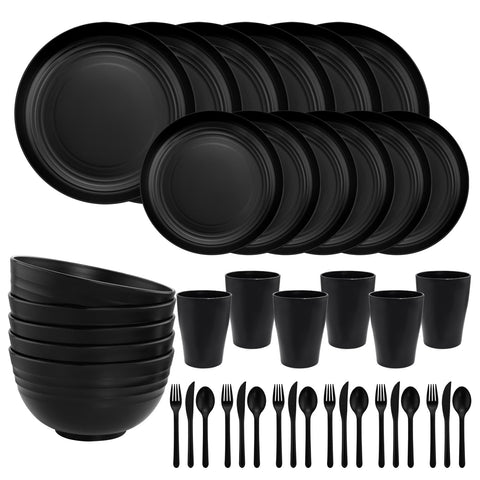Ejonirinjonir EI 42pcs wheat straw dinnerware set in black, durable for outdoor meals.