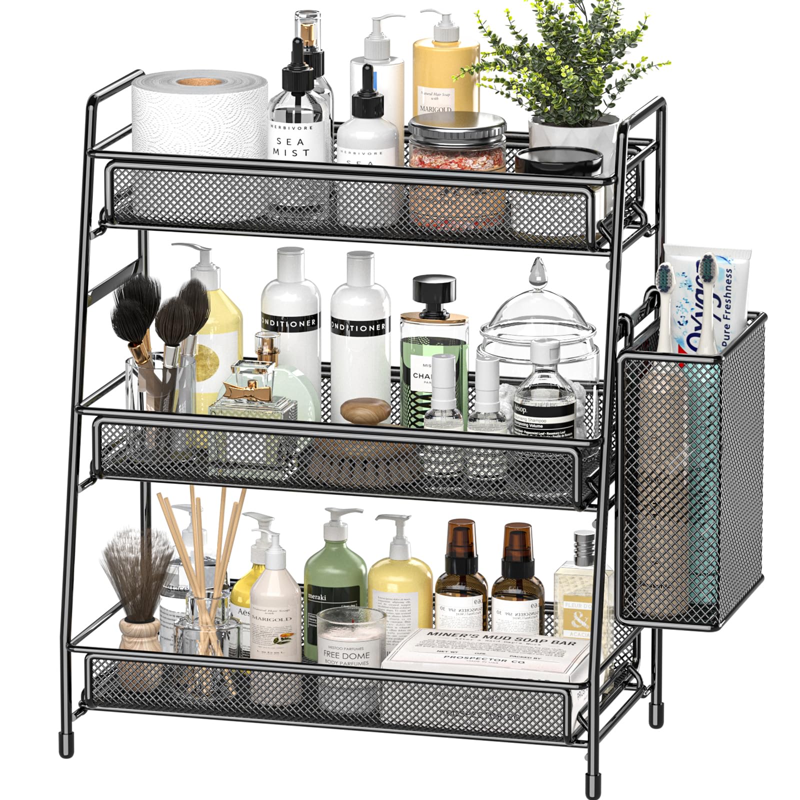 EKNITEY 3-tier bathroom countertop organizer keeps cosmetics organized and accessible.