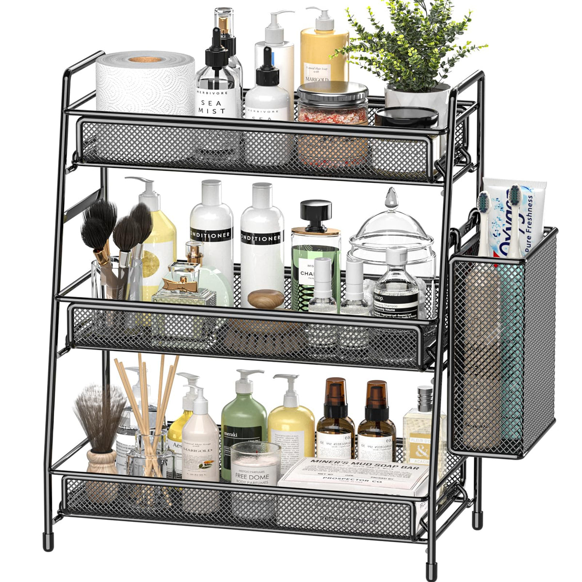 EKNITEY 3-tier bathroom countertop organizer keeps cosmetics organized and accessible.