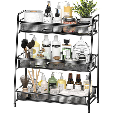 EKNITEY 3-tier countertop organizer shown on a bathroom counter for easy access to items.