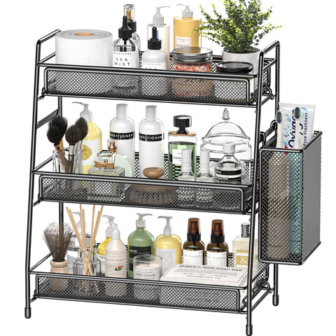 EKNITEY 3-tier bathroom countertop organizer keeps cosmetics organized and accessible.