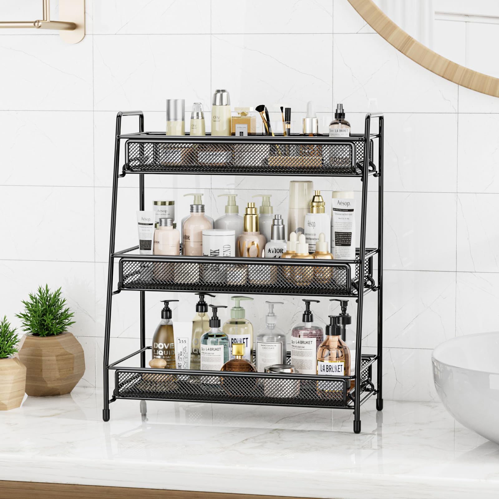 EKNITEY metal rack with removable basket enabling flexible storage for spices or cosmetics.
