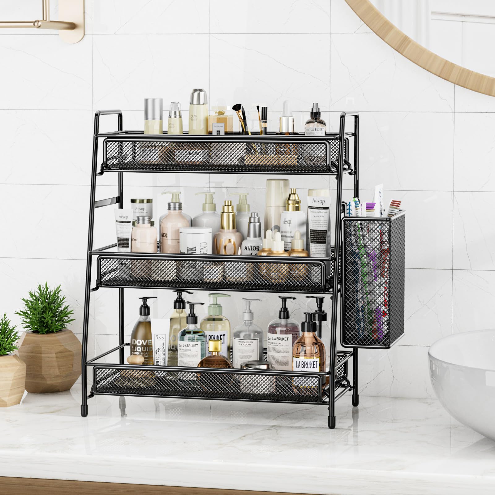 EKNITEY metal spice rack doubles as a bathroom organizer for lotions.
