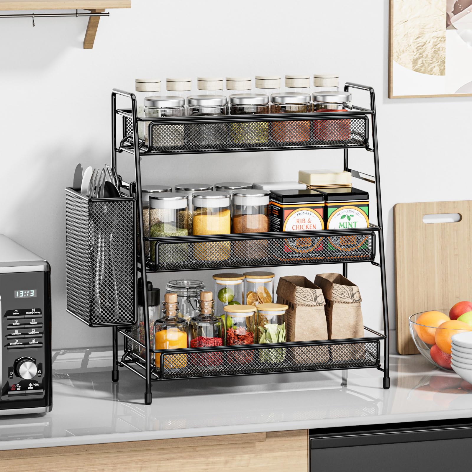 EKNITEY removable basket adds flexible storage for spices and small items.