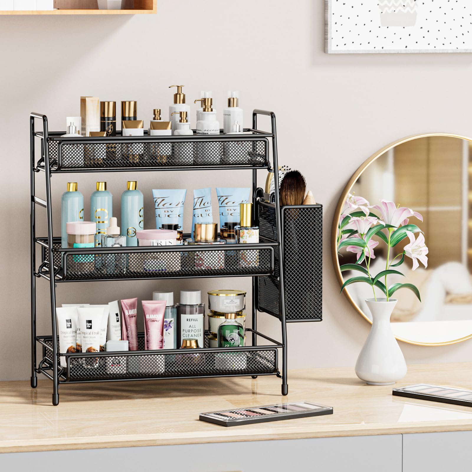 EKNITEY sturdy mesh 3-tier shelf securely holds bottles and essentials.