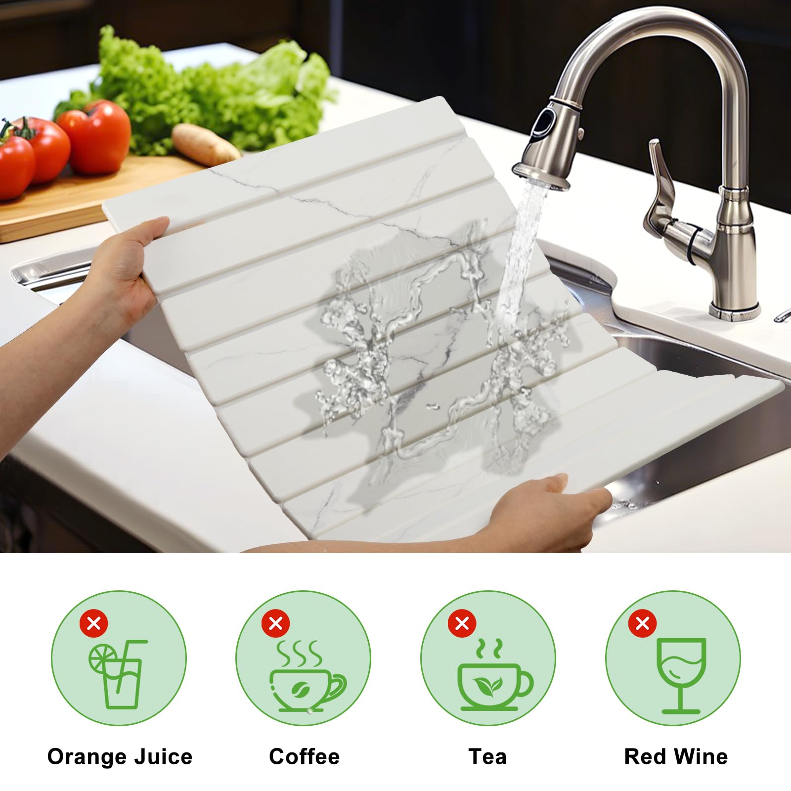 EKRHORBY stone drying mat on counter with washed dishes.