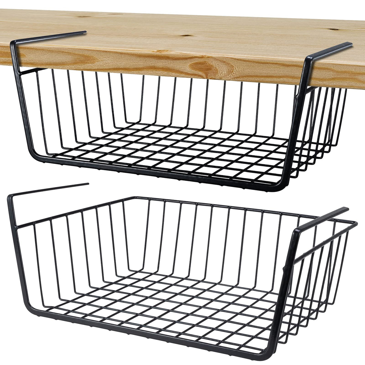 ELEATTRUN undershelf basket slides over shelves to add extra storage space.