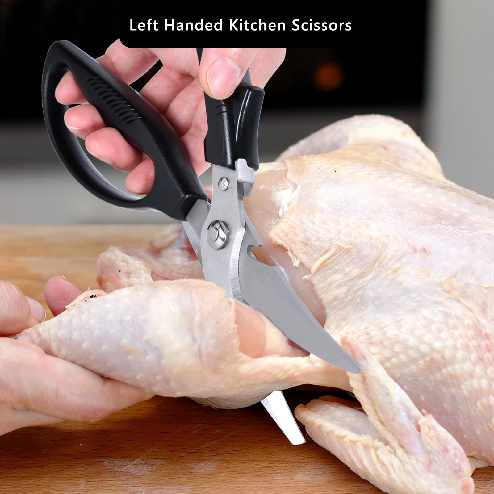 Eleckey left-handed poultry shears demonstrating one-handed use