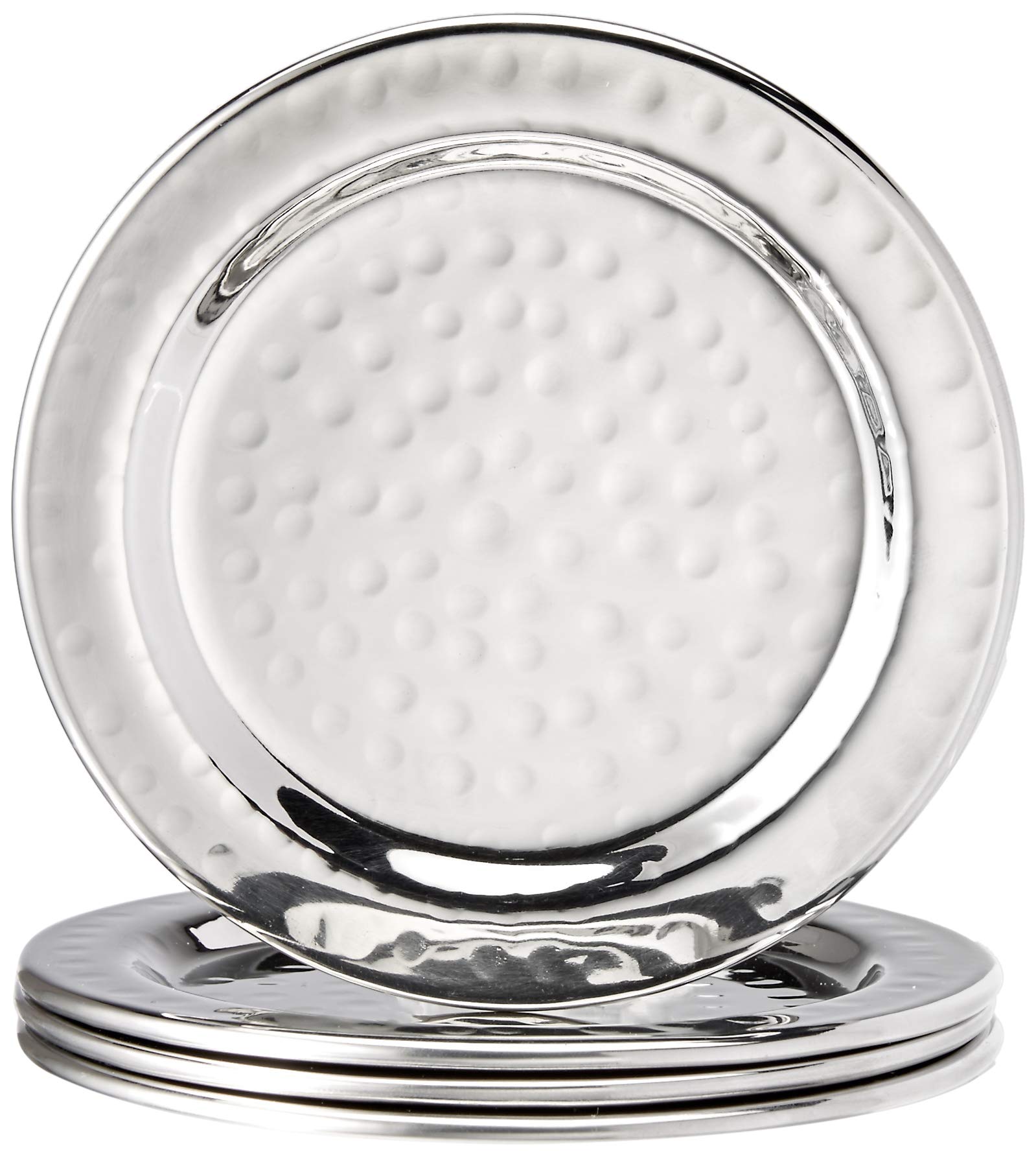 Elegance hammered 4in coaster set closeup showing the textured stainless finish for tabletop protection.