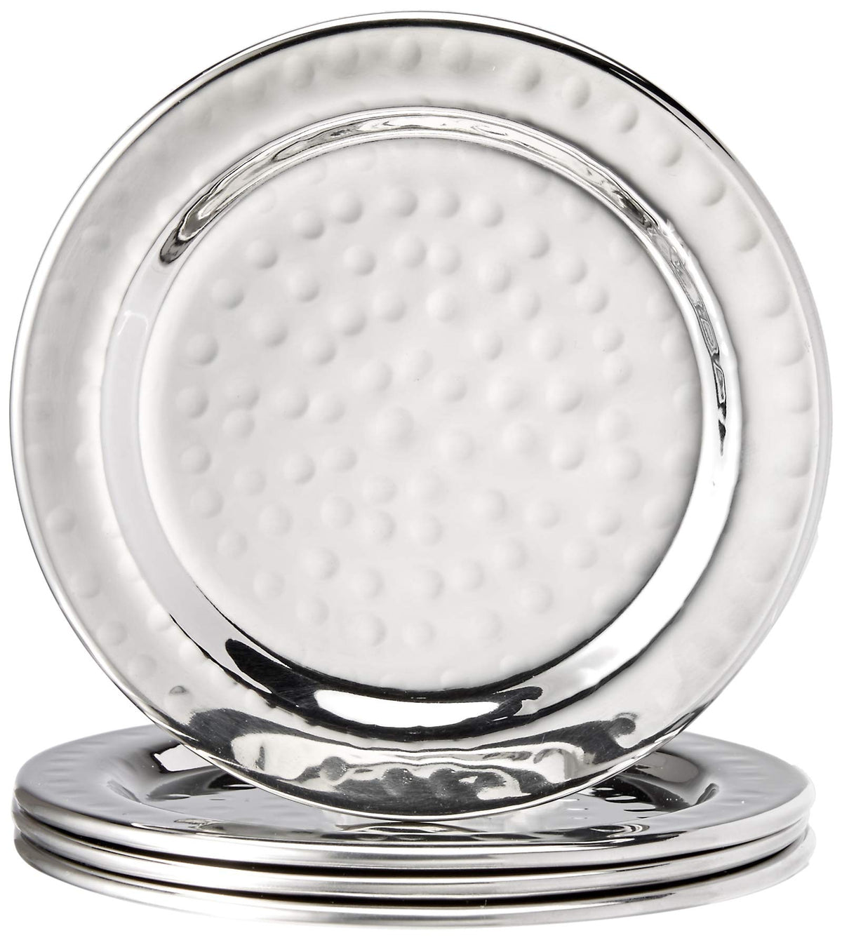 Elegance hammered 4in coaster set closeup showing the textured stainless finish for tabletop protection.