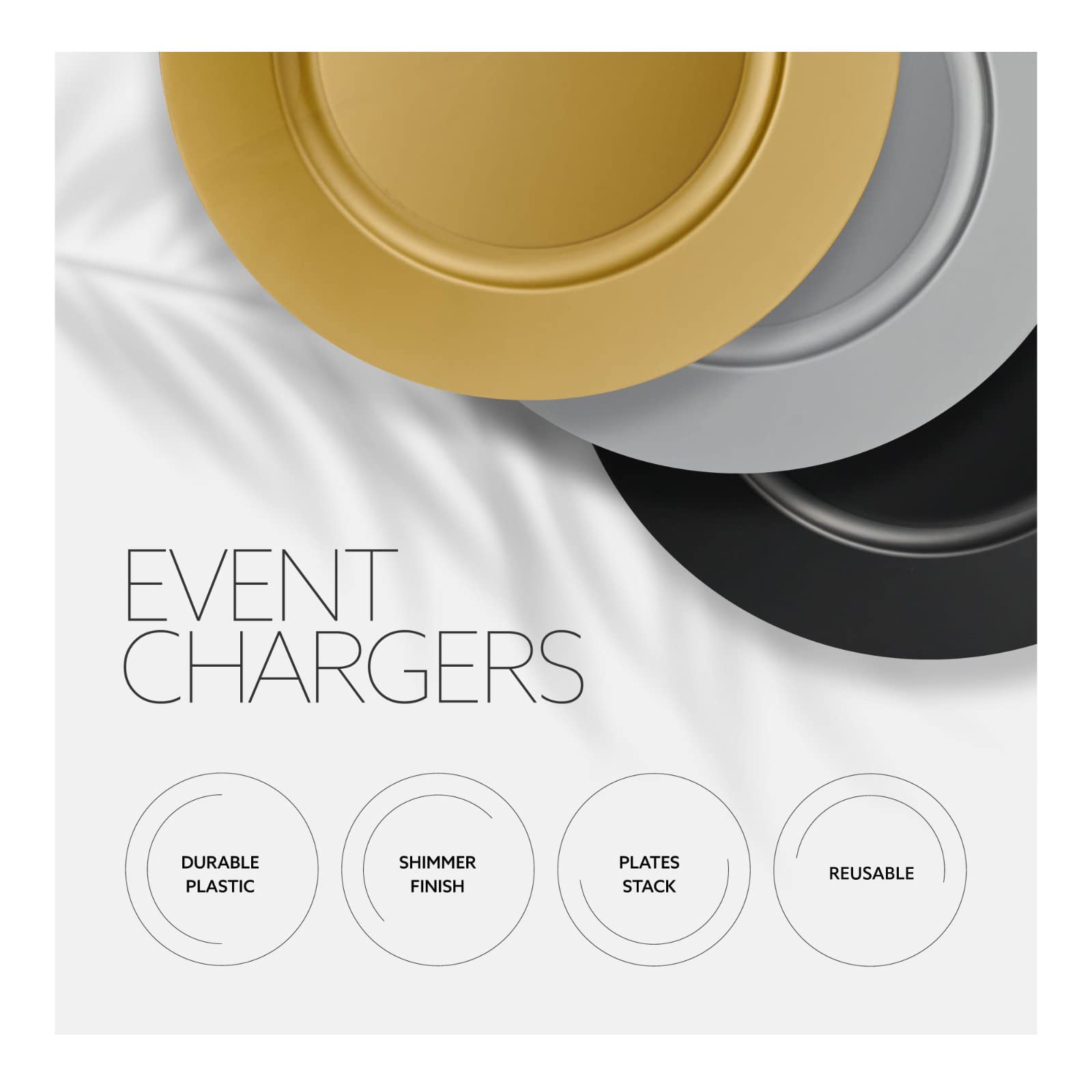 Elegant Disposables plastic charger BPA-free image emphasizing safety and hot/cold use.