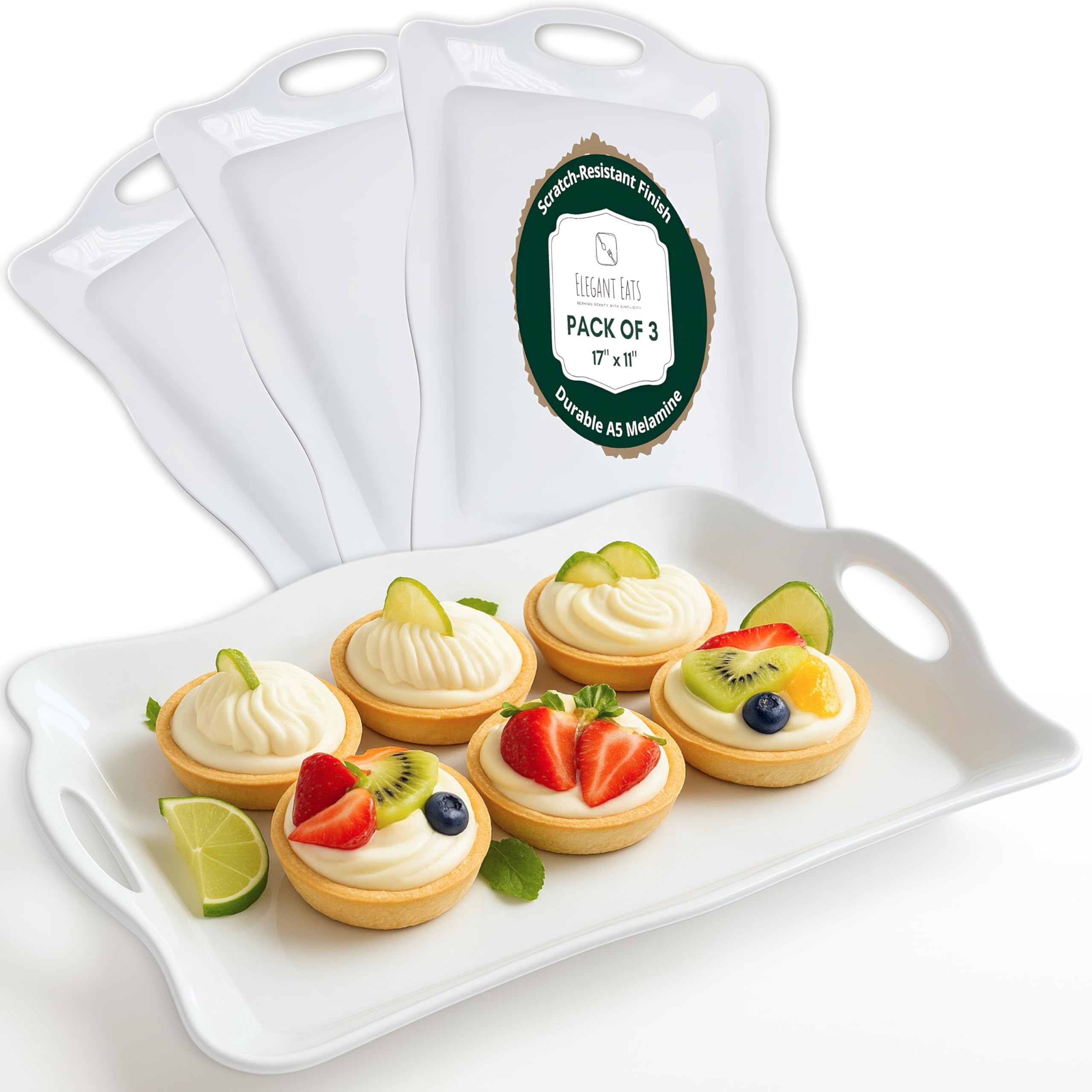 Elegant Eats large melamine tray 17x11.5 inches; durable, easy to clean for family meals and parties.
