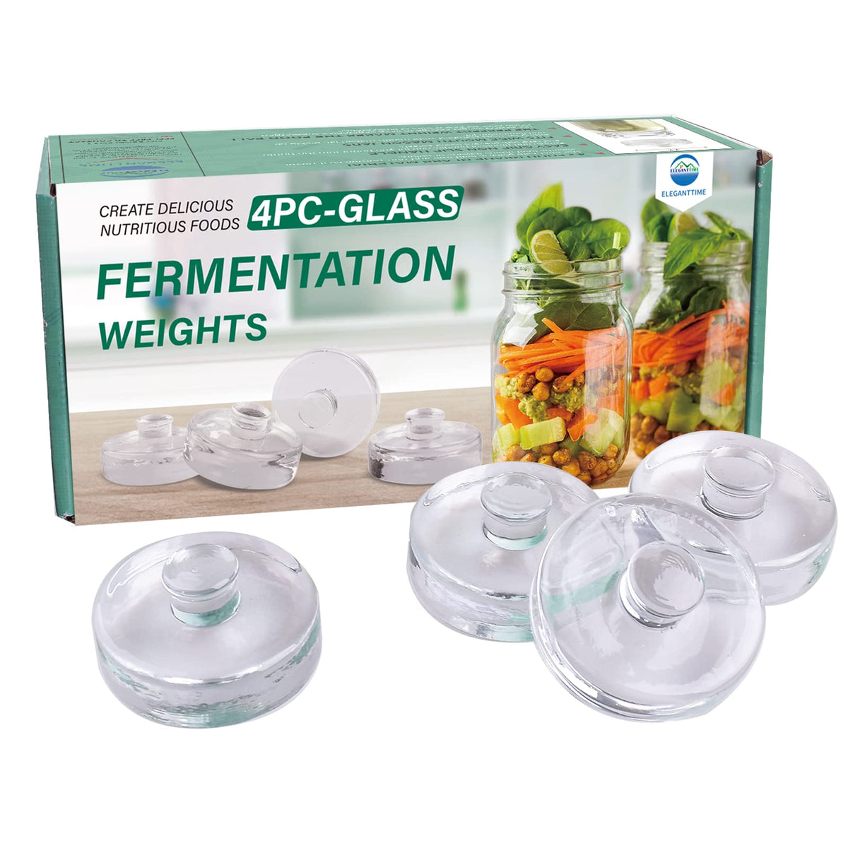 Eleganttime four-pack glass fermentation weights with easy-grip handles for wide-mouth jars.