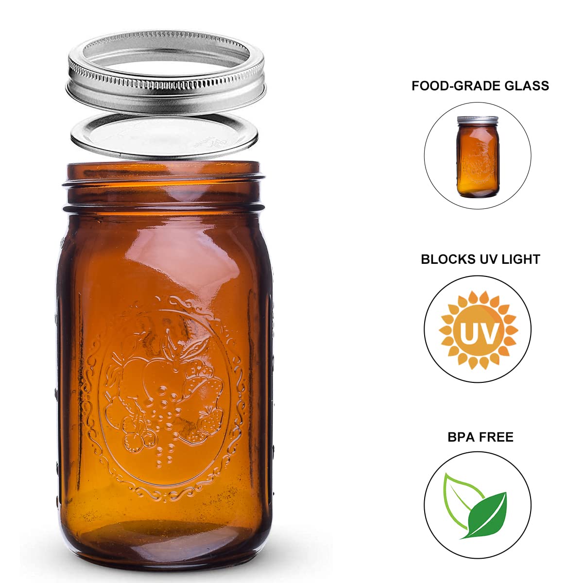 ElegantTime wide-mouth amber jar on kitchen shelf for easy filling and cleaning.