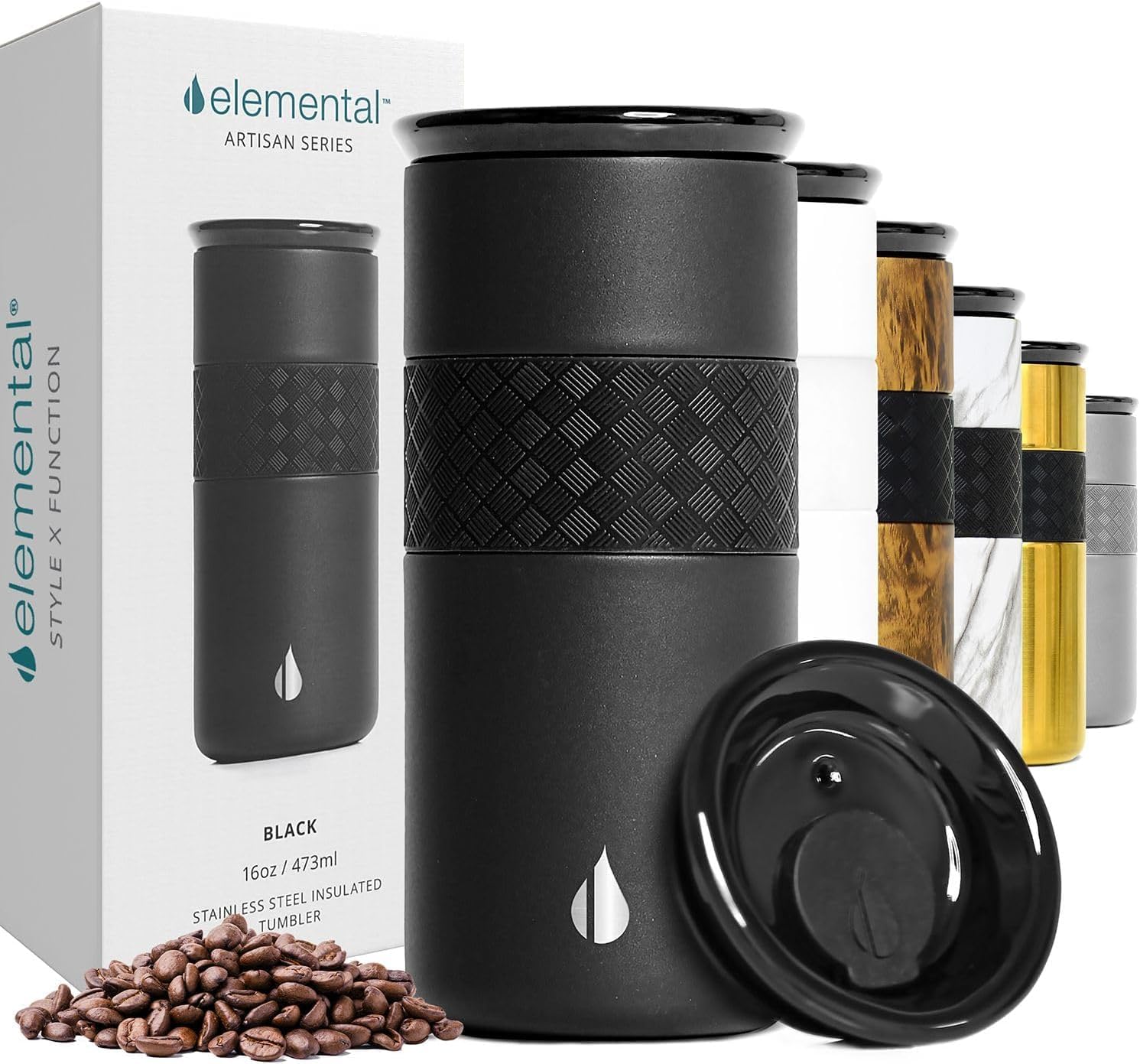 Elemental Artisan ceramic lid close showing spill-resistant design for on-the-go sipping