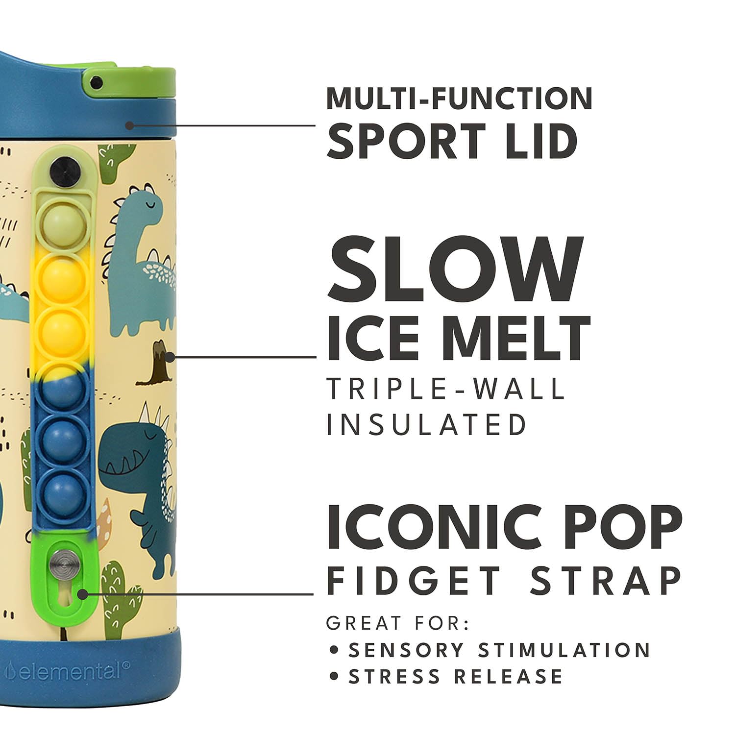 Elemental Iconic Kids Water Bottle fits in backpacks and lunchboxes