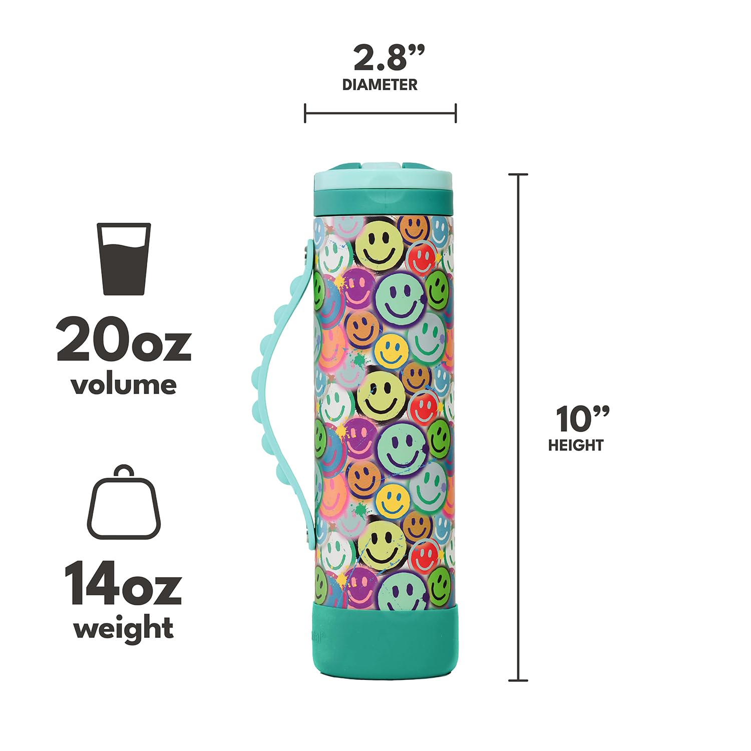 Elemental Iconic Kids Water Bottle graffiti smile design adds playful appeal
