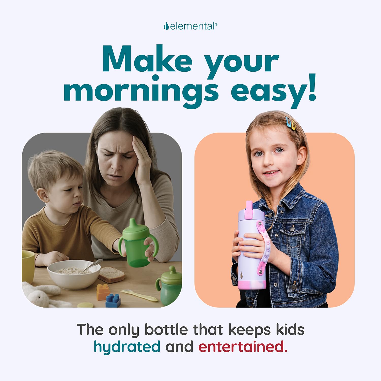 Elemental Iconic Kids Water Bottle no-sweat design reduces desk condensation.