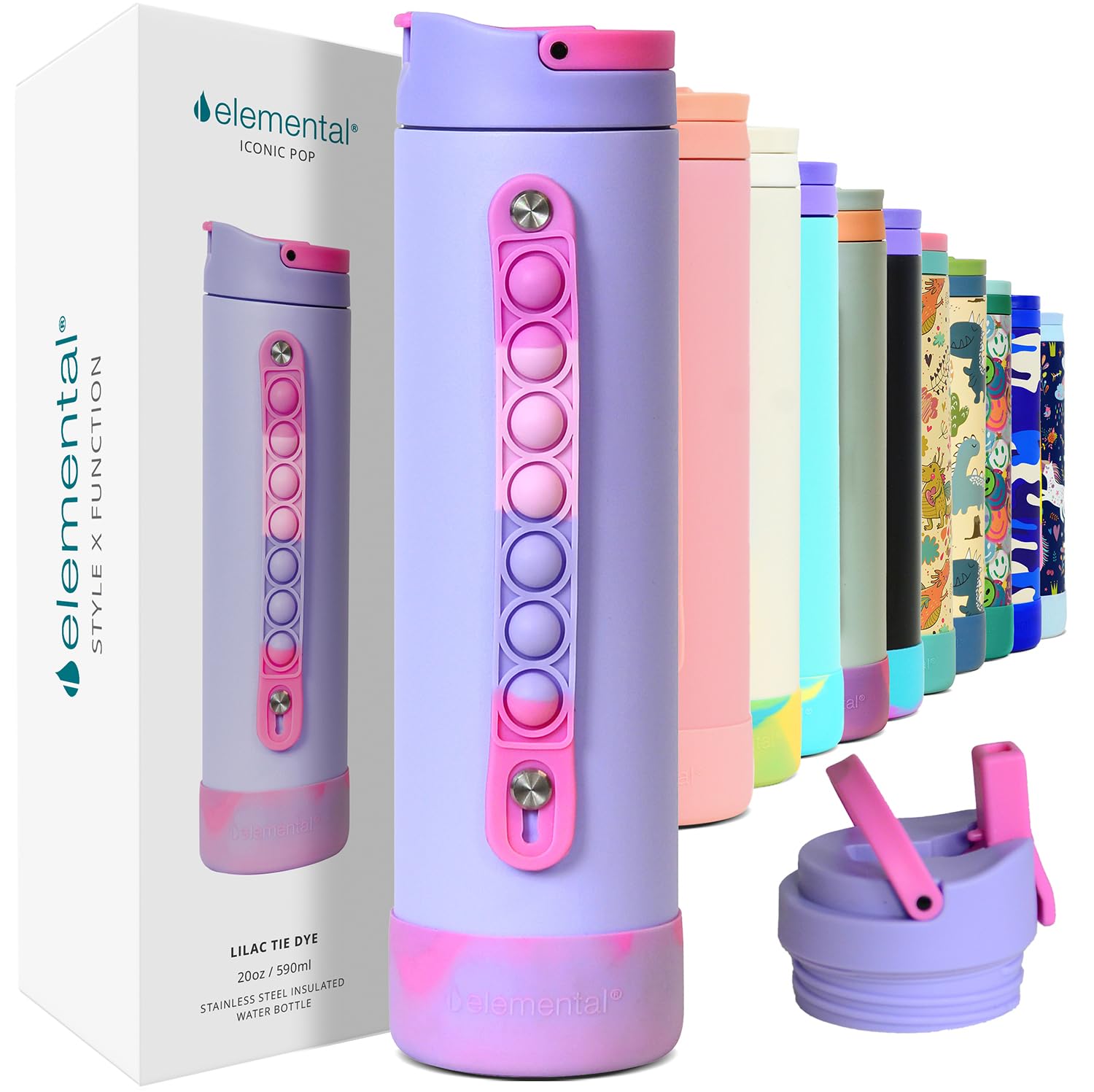 Elemental Iconic Kids Water Bottle lilac tie-dye front view with leak-proof straw lid.