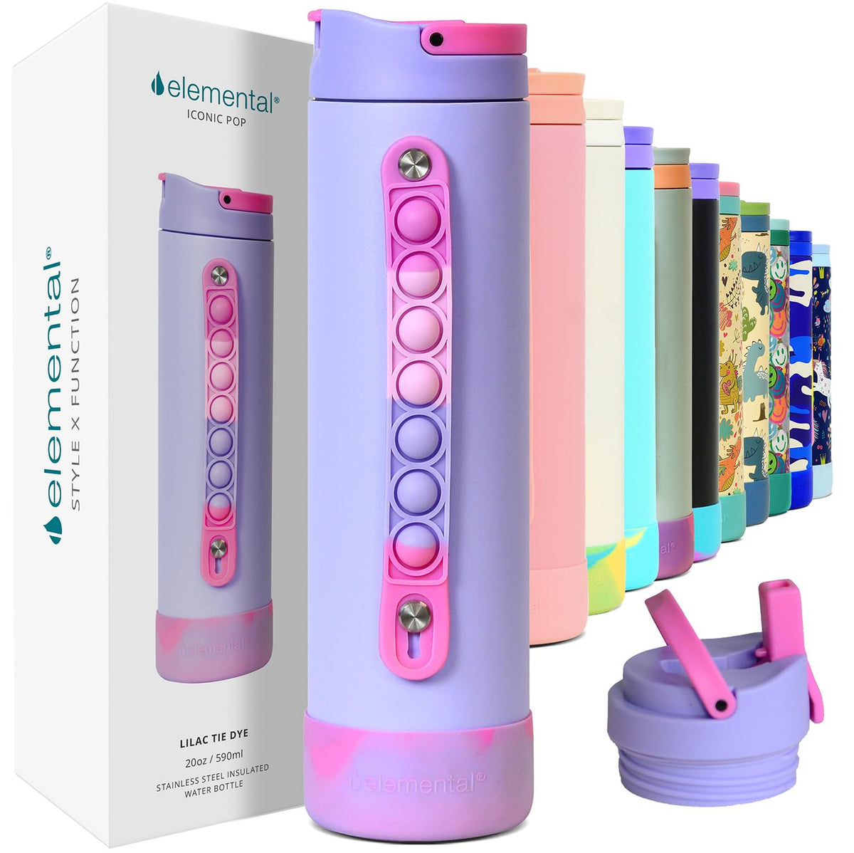Elemental Iconic Kids Water Bottle lilac tie-dye front view with leak-proof straw lid.