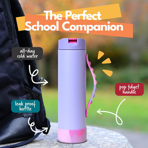 Elemental Iconic Kids Water Bottle lilac tie-dye straw-lid close-up shows secure locking.