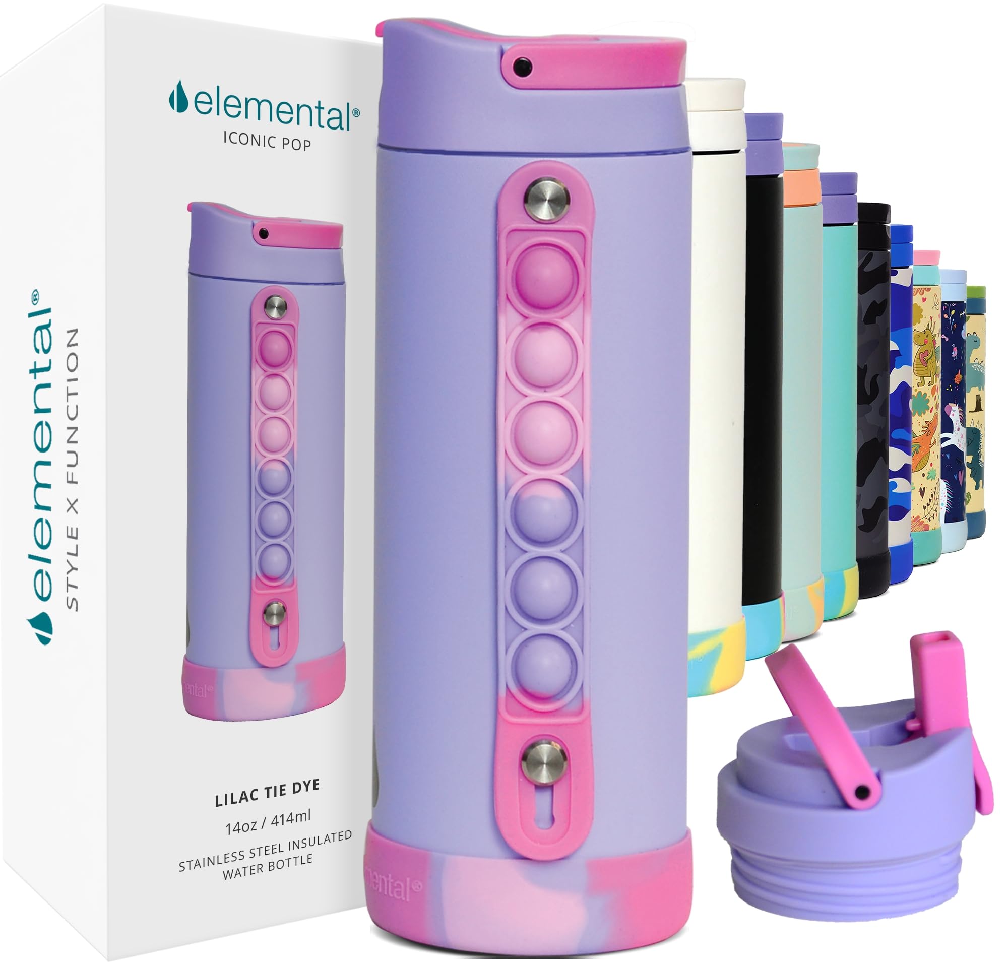 Elemental Iconic Kids Water Bottle in lilac tie-dye, ideal for school hydration.