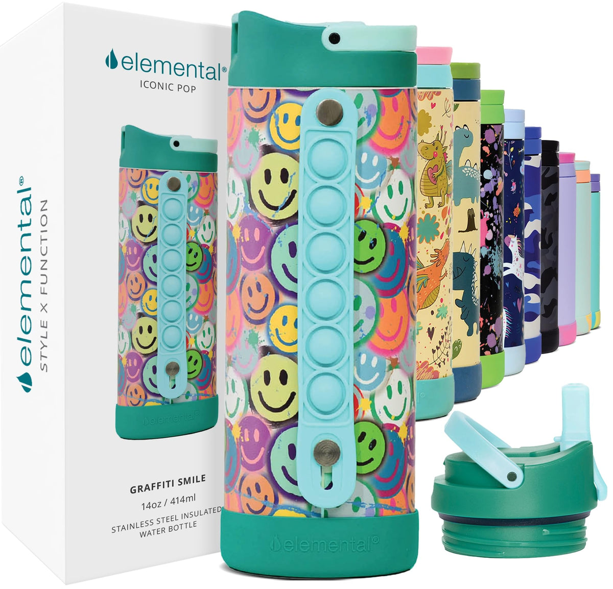 Elemental Iconic Kids Bottle with pop-it handle for focused hydration.