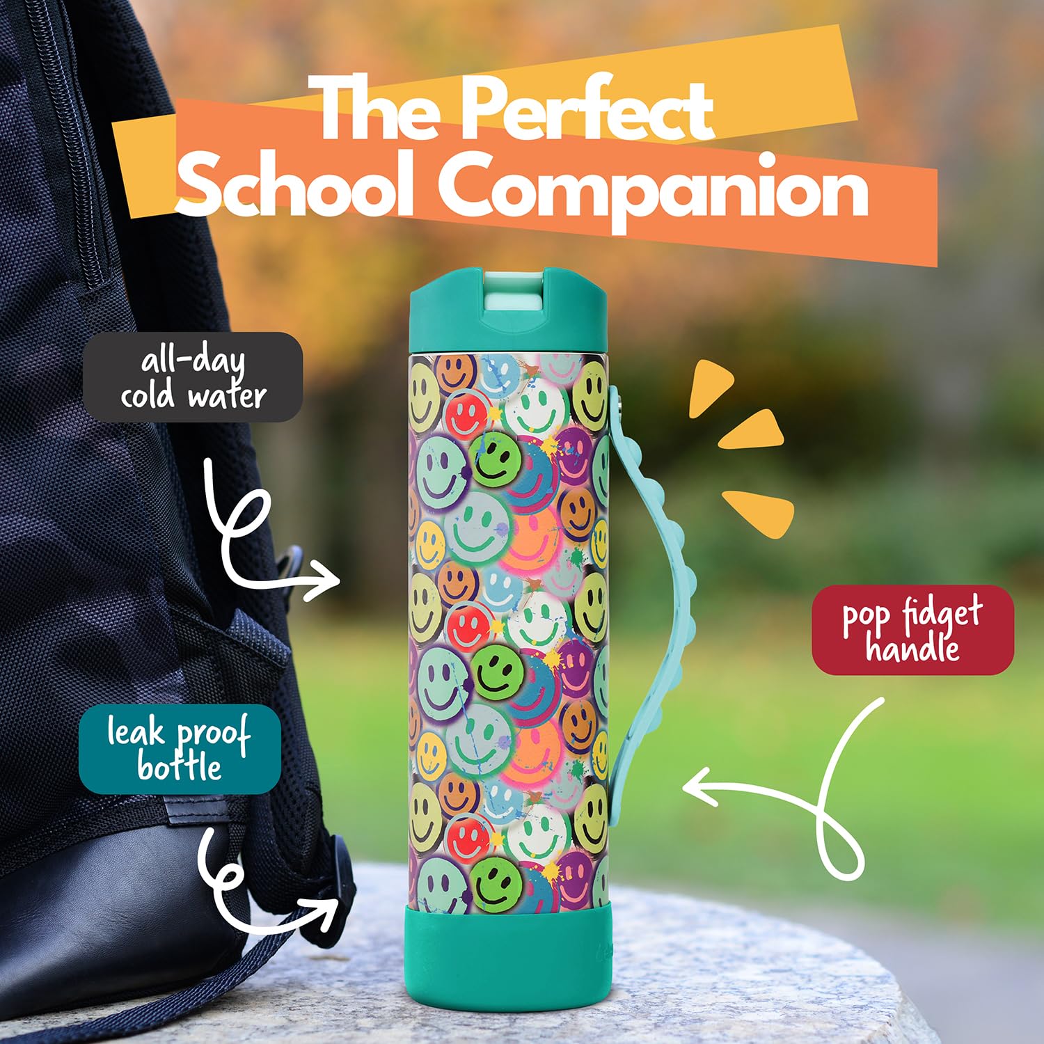Elemental Iconic Kids Water Bottle with pop-it handle promotes focused use