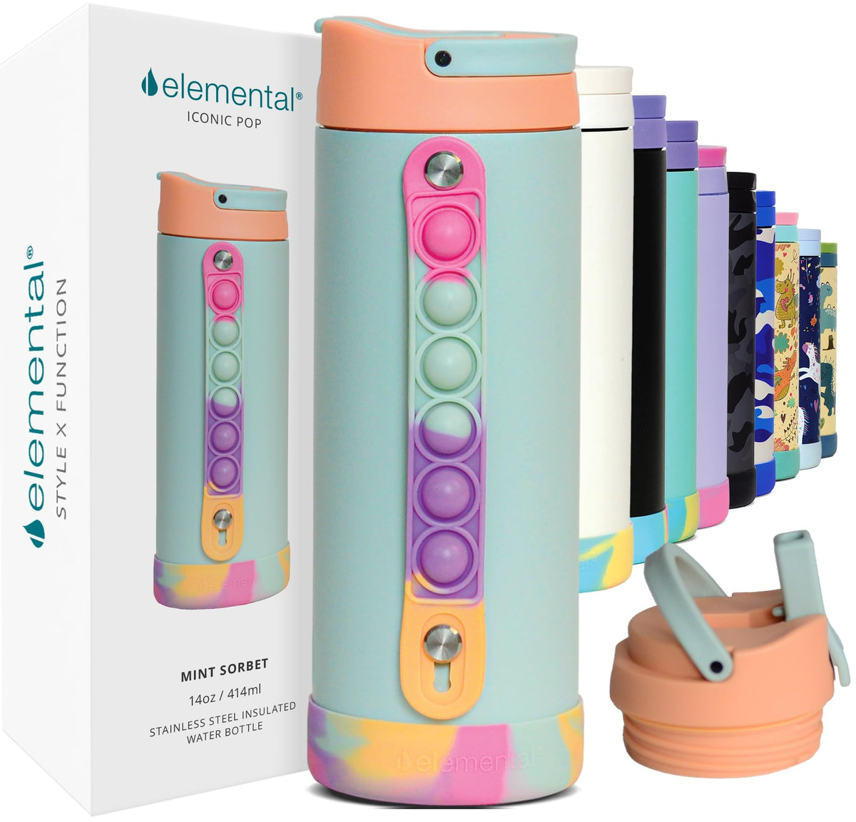 Elemental Iconic kids bottle with pop-it handle keeps hands busy at school