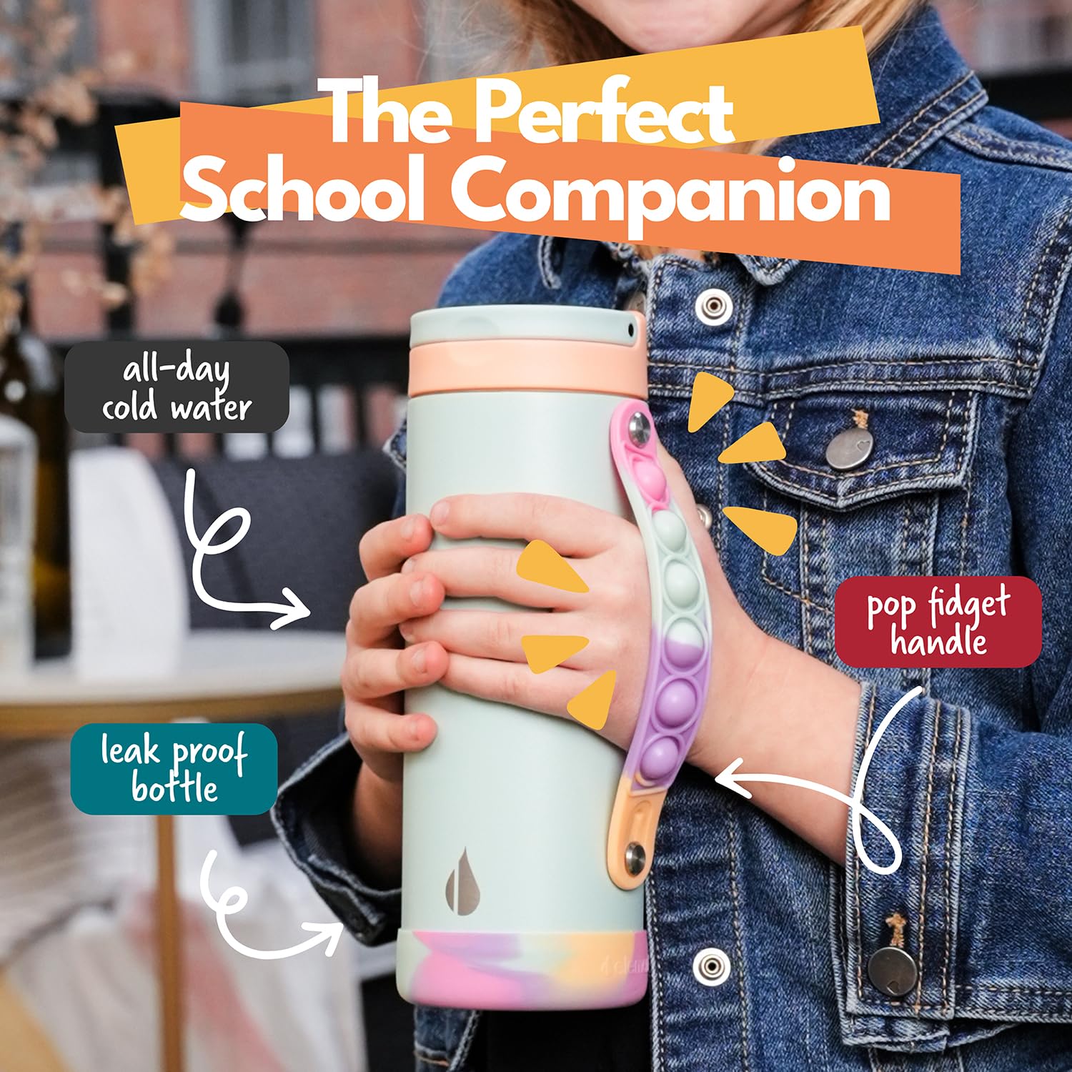 Elemental kid bottle with straw lid flips open easily for quick hydration