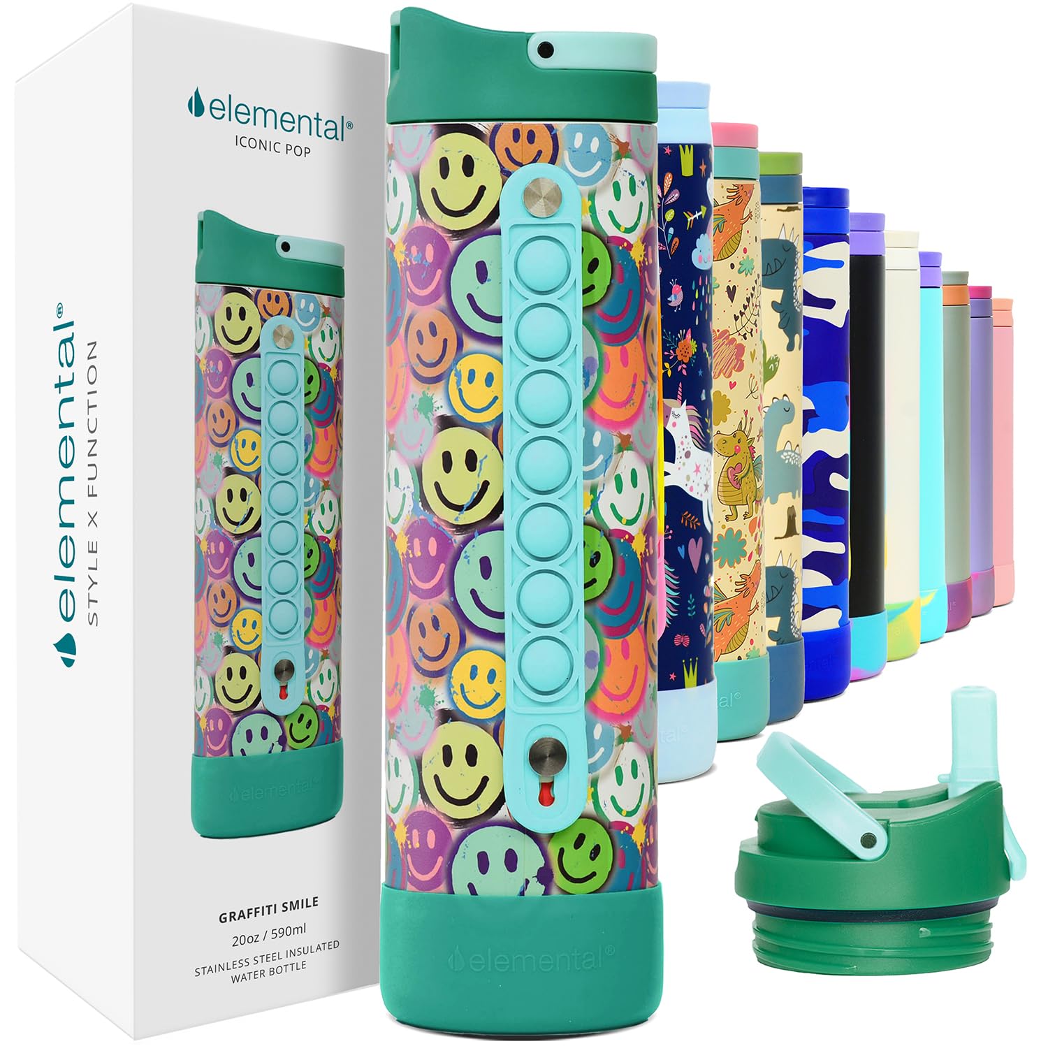 Elemental Iconic Kids Water Bottle with straw lid for secure classroom hydration