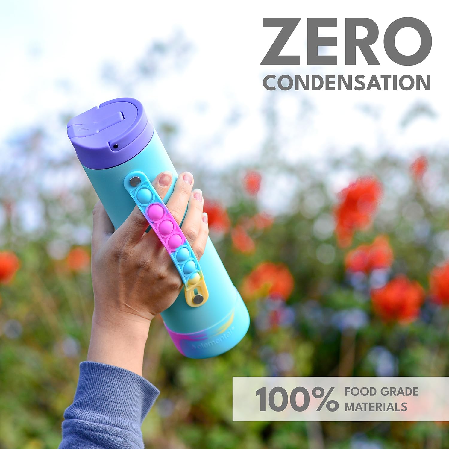 Elemental Iconic leak-proof lid prevents spills in backpacks and lunch boxes.