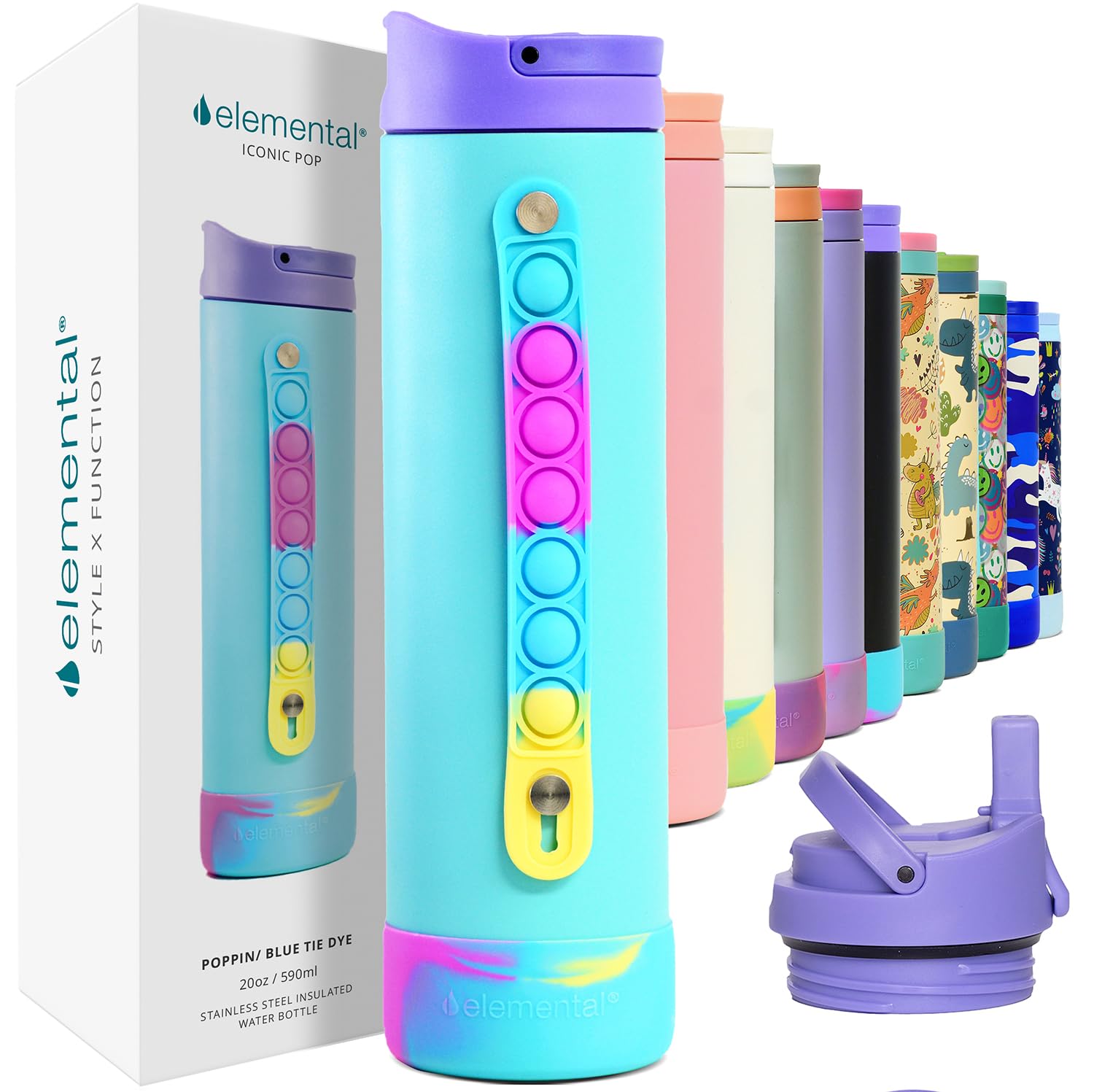 Elemental Iconic water bottle with straw lid for easy school sipping.