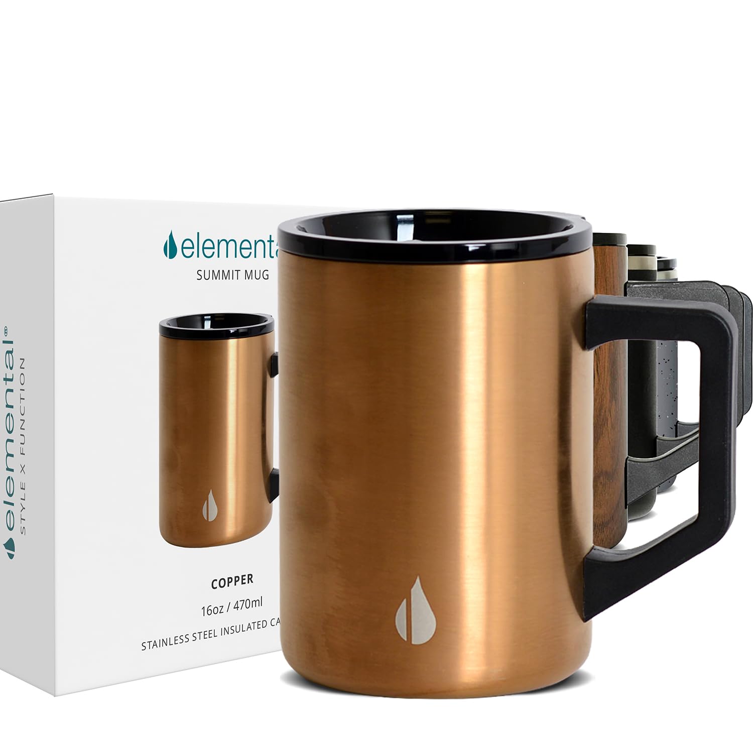 Elemental Summit mug in copper, side view, ideal for hot beverages on the go.