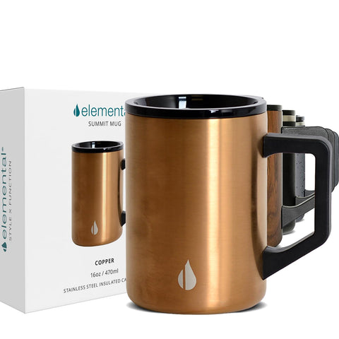 Elemental Summit mug in copper, side view, ideal for hot beverages on the go.